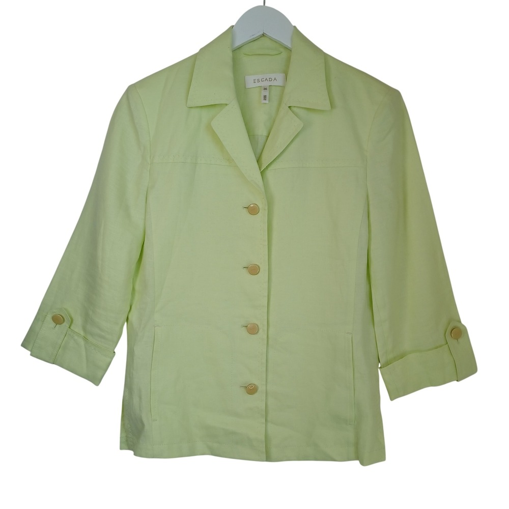 Escada Women Lime Green 100% Linen 3/4 Sleeve Button Front Blazer Jacket Size 36